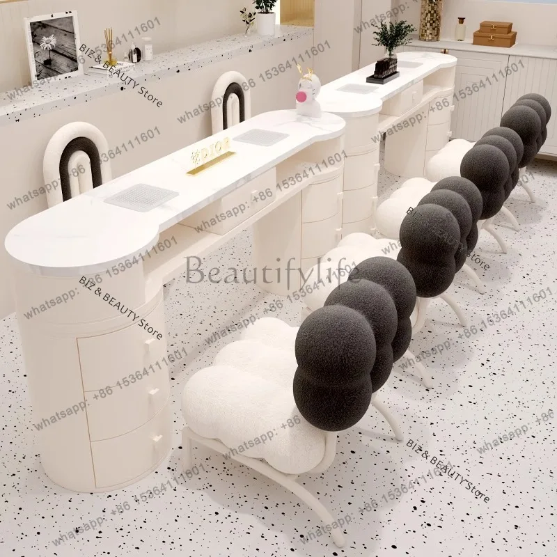 FG High-end Cream-style Nail Tables Chair Set with Built-in Vacuum Cleaner Socket Nail Tables Marble Manicure Furniture Tavolo J