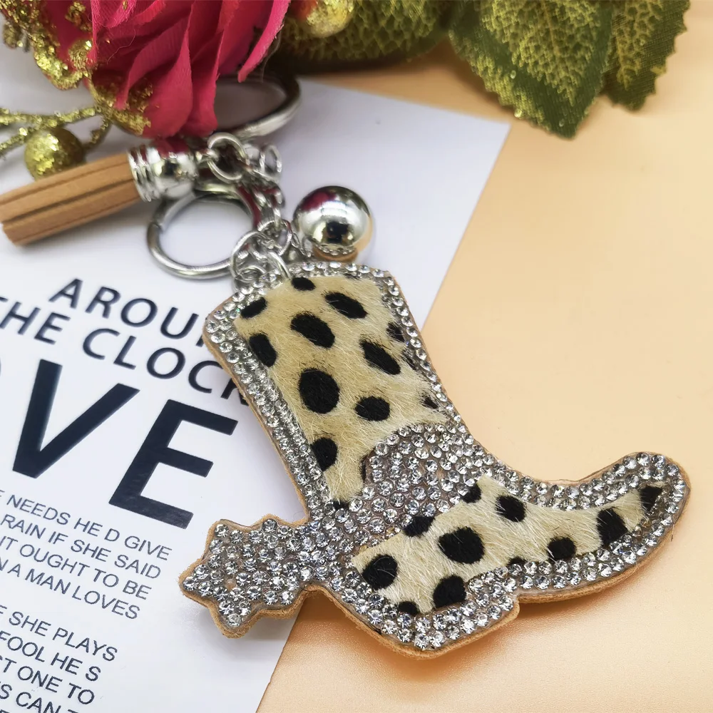 Leopard Print Rhinestone High Heels Keychain Pendant Fashion Ladies Car Key Accessory Alloy Jewelry Gift Small