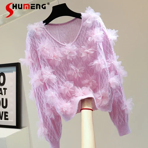 Beaded V-neck Women's Long-Sleeved Sweater Autumn And Winter Korean Style Loose Slimming Exquisite Flowers Knitwear Top Pullover