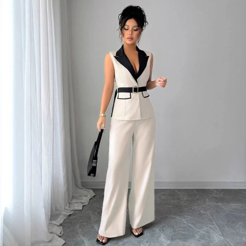 

Fashion women's clothing with elegant style, V-neck, waist-revealing, sleeveless top, straight-leg pants. 2-piece set jacket set
