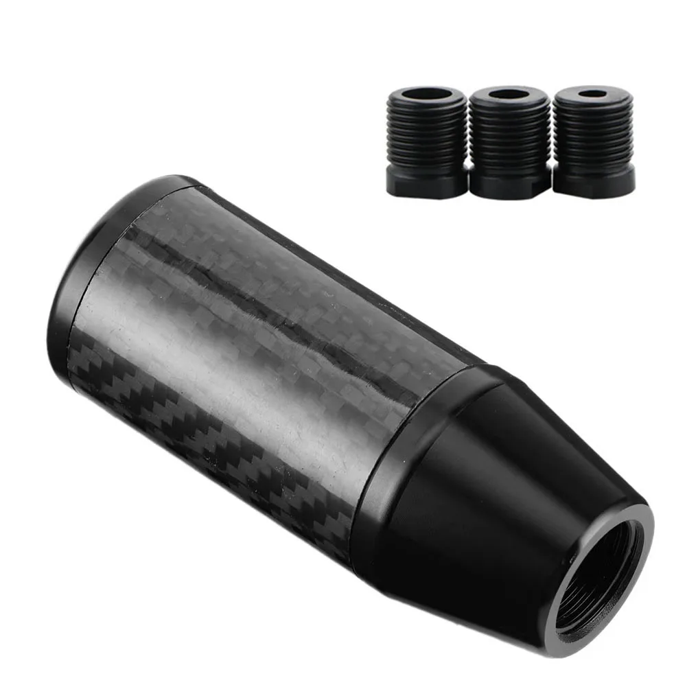 Black Carbon Fiber Coated Manual Gear Shift Knob with Aluminum Build and Compatibility for Multiple Shifter Lever Thread Sizes