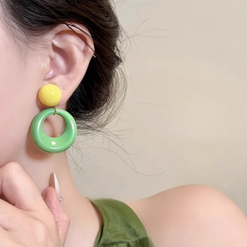 Summer Color Block Hoop Earrings Women Small Batch Design Chunky Circle Earrings Bright Multicolor Premium Quality