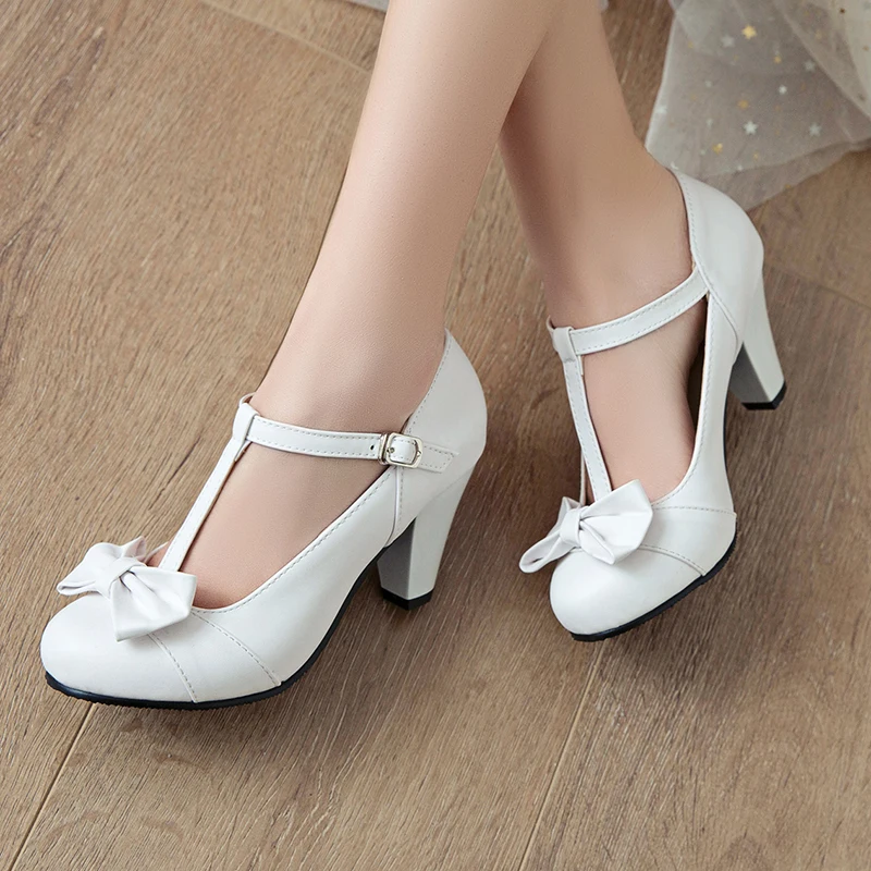 Women Lolita Vintage Sweet T-Straps Bows Mary Janes Shoes with Sweet Bowknot Spike Heels Round Toe Wedding Dress Pumps Footwear