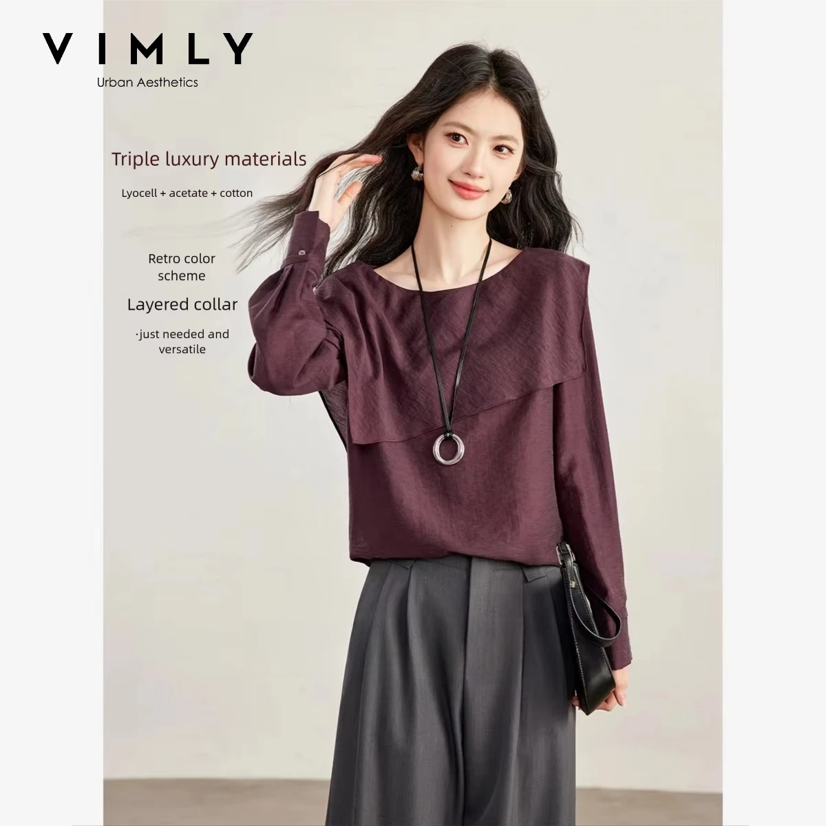 VIMLY Off-shoulder Long Sleeve Blouse Women 2026 Autumn Elegant Irregular Design Shirt Fashion Casual Loose-fit Top Ladies A7752