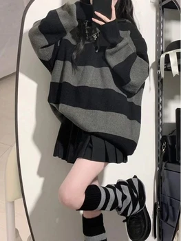 Women's Striped Y2K Hooded Sweater 3 2000s Subculture Striped Loose Casual Korean Fashion Hooded Sweaters Y2k American Vintage High-End Sweaters Harajuku Pullovers 3