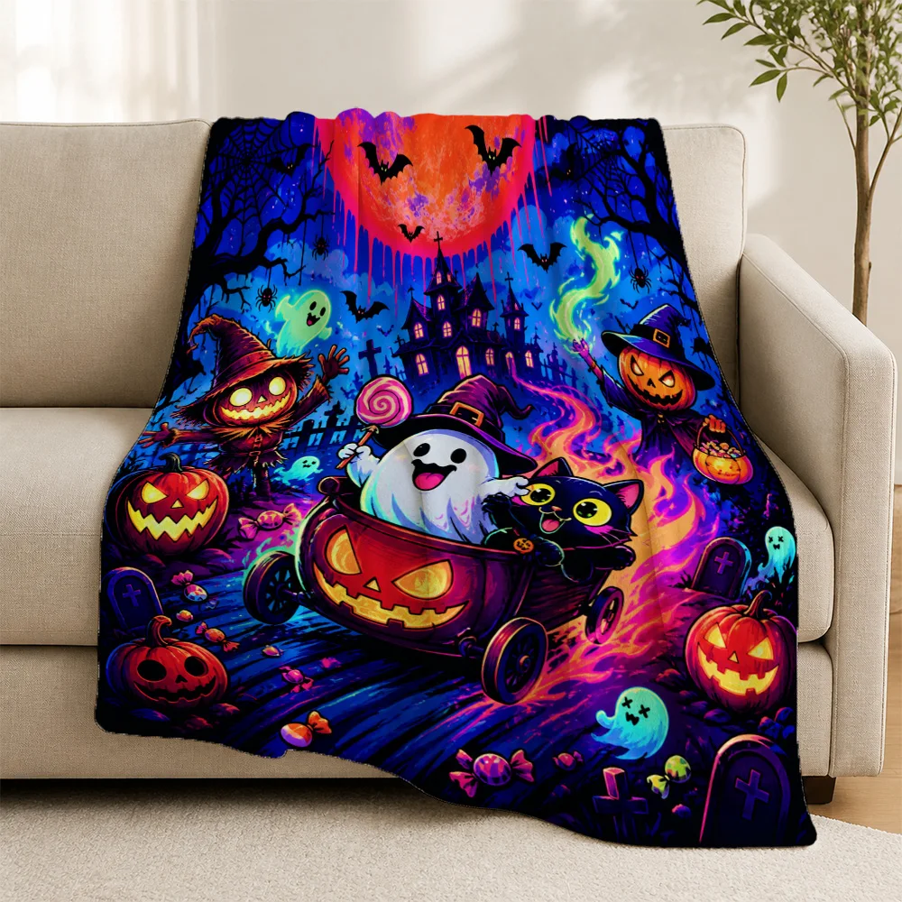 Spooky Halloween Ghost Pumpkin Throw Blanket Couch Throw Fall Autumn Seasonal Decor Haunted House Trick or Treat Fleece Bed Cove