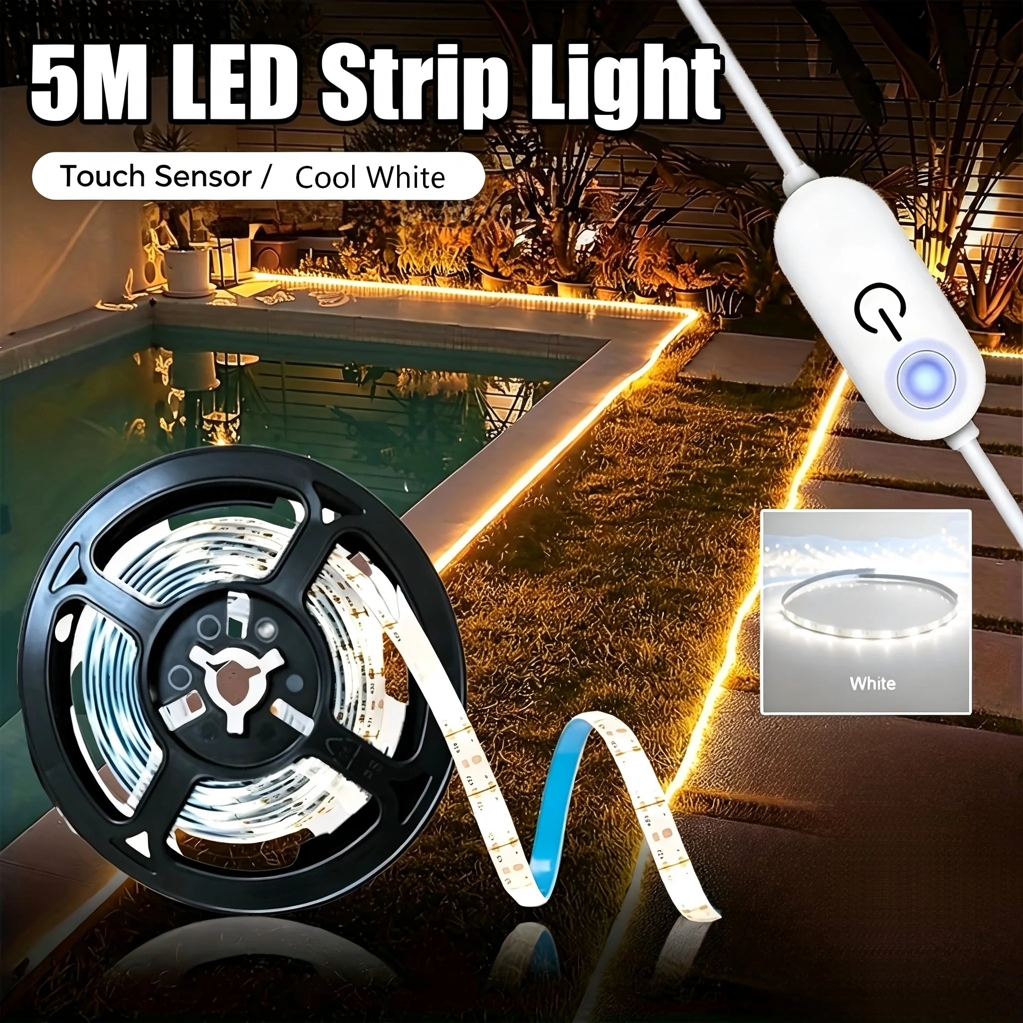 5M Cool White USB Touch Sensor LED Strip Light, Pool Decor Flexible Lighting, Dimmable Backlight for Home & Outdoor Decoration
