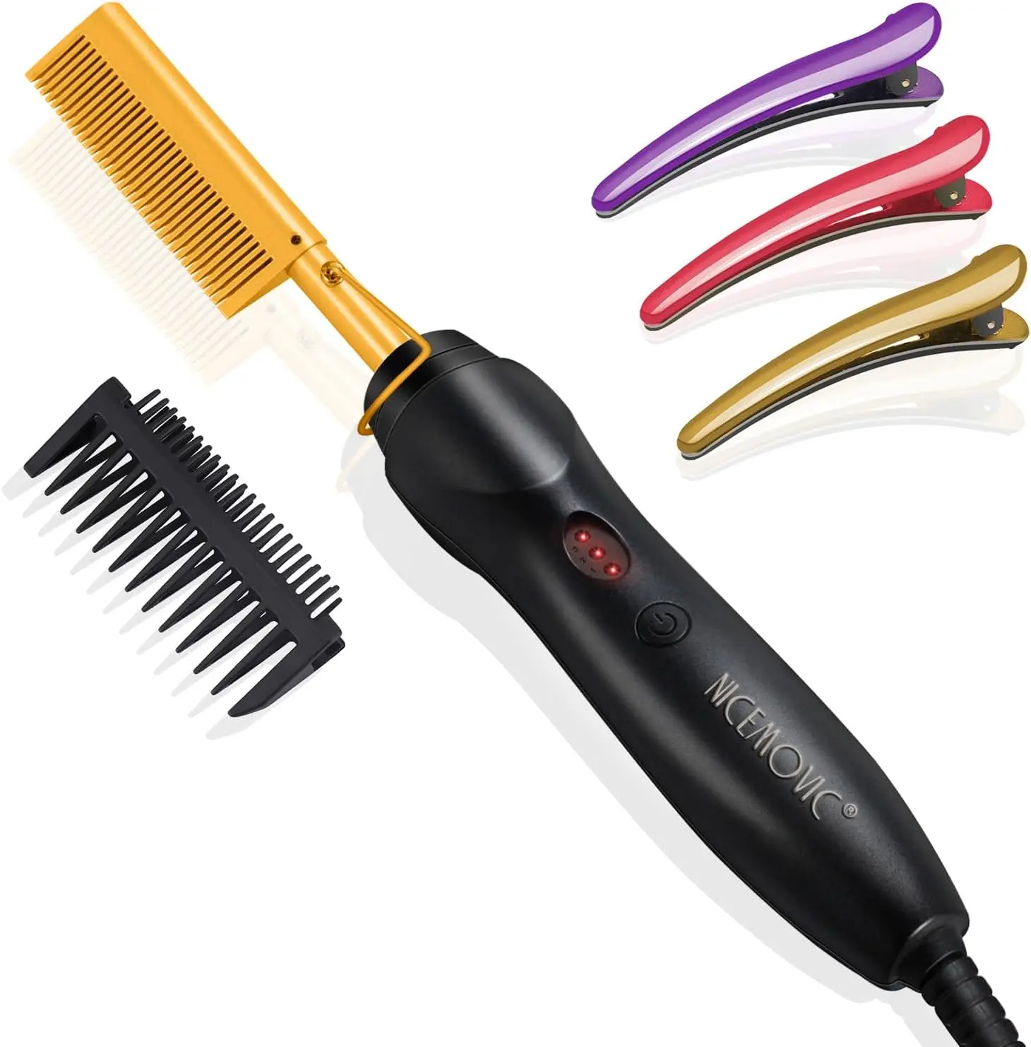 Ceramic Heating Hair Straightener Comb - Hot Pressing Brush for Natural Black Hair, Beard, Wigs, Curling, Gold