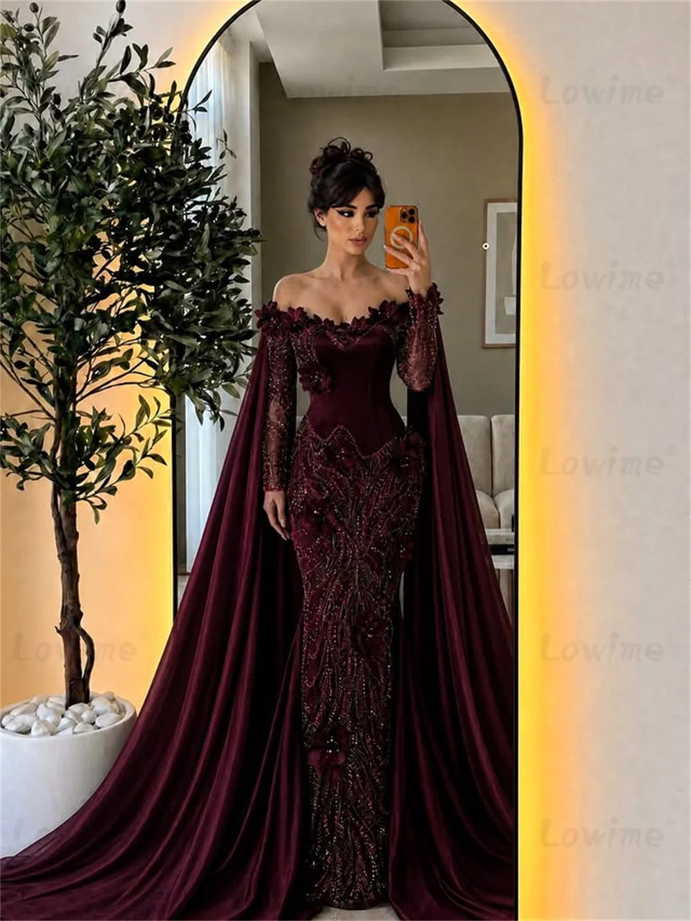 Weinrote schulterfreie Meerjungfrauen-Abschlussballkleider 2026, maßgeschneiderte, mit Blumen verzierte, lange Partykleider für Hochzeiten, Abendkleider.