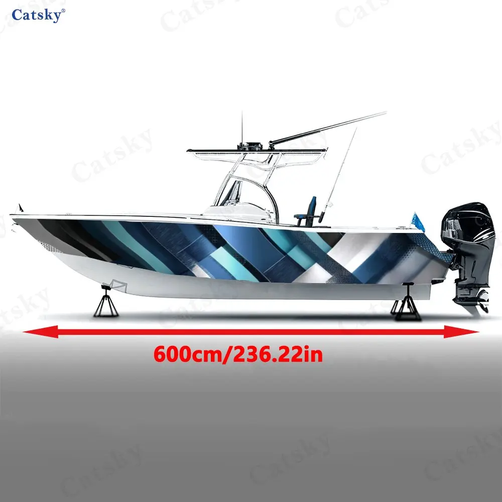 2Pcs Blue & Silver Metallic Diagonal Boat Sticker, PVC Waterproof Vinyl Wrap Decals for Fishing Boat, Durable and Stylish Design