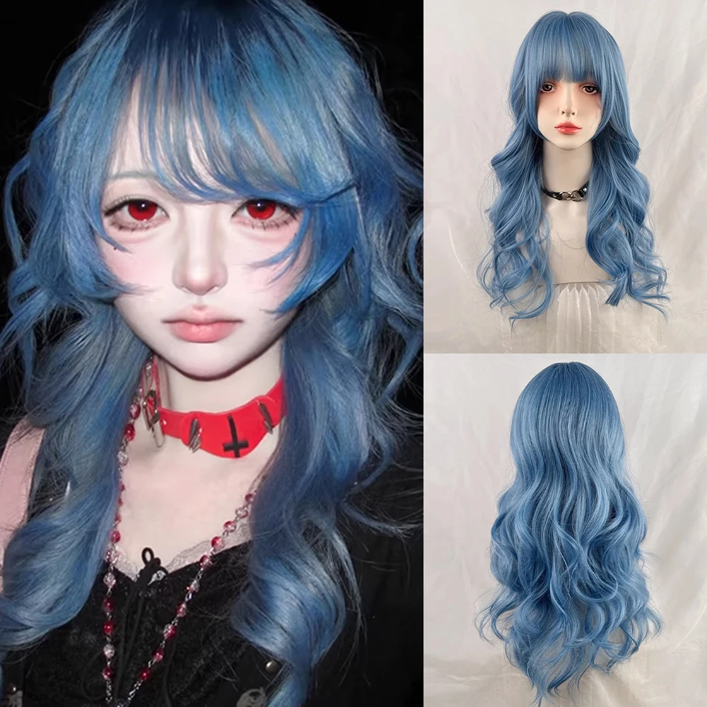 

Blue Long Wavy Women Synthetic Wigs with Bangs Fluff Lolita Cosplay Heat Resistant Wig for Daily Party