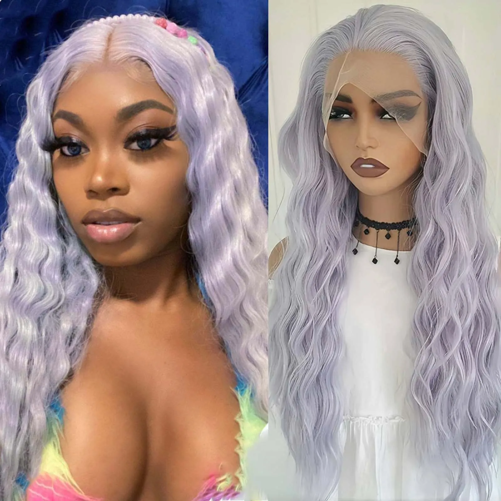 Silver Purple Wig Long Curly Synthetic Lace Front Wig Deep Wave Natural Wavy Colored Hair 13X4 Frontal Wigs for Women Party