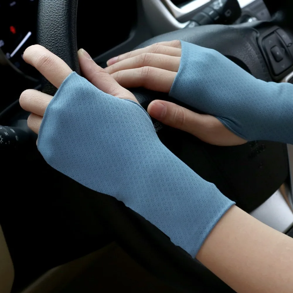 Elastic Fingerless Gloves Thin Anti-UV Half Finger Sunscreen Gloves Solid Color Protect Wrist Wristband Ice Silk Mittens Summer