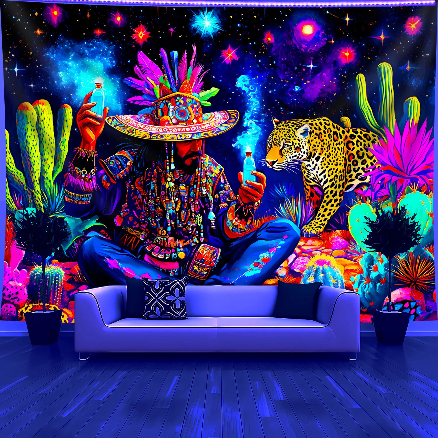VIKAMA Gypsy Witch Wandteppich, Sternenhimmel, Leopardenmuster, Kaktus, Musik, Partyzimmer, Bohemian-Wohnzimmer-Themen-Dekoration