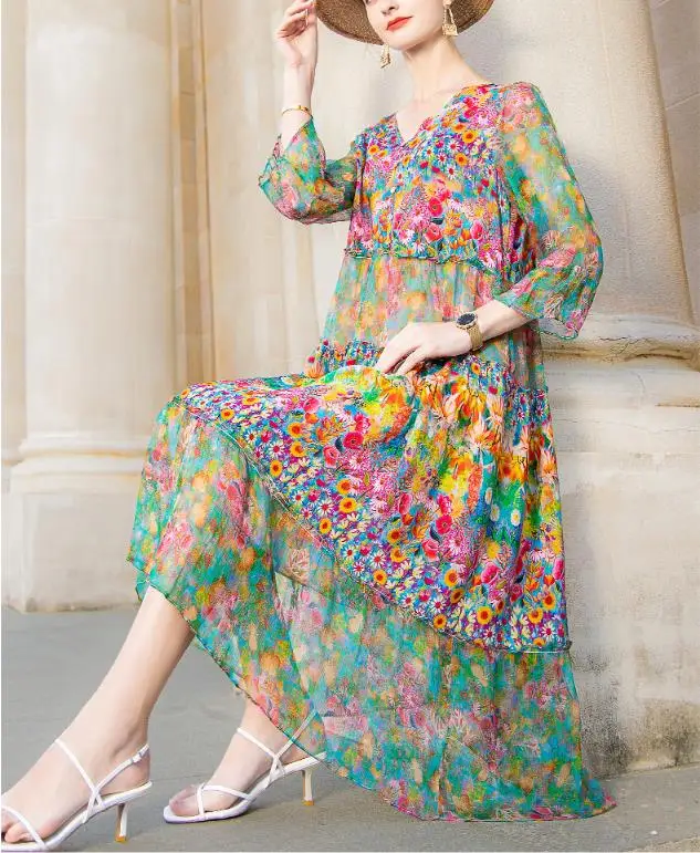 High Quality Summer 2024 Beach Boho Vintage Print Silk V Neck Dress Elegant Party Robe Designer Vestidos Loose Midi Dresses