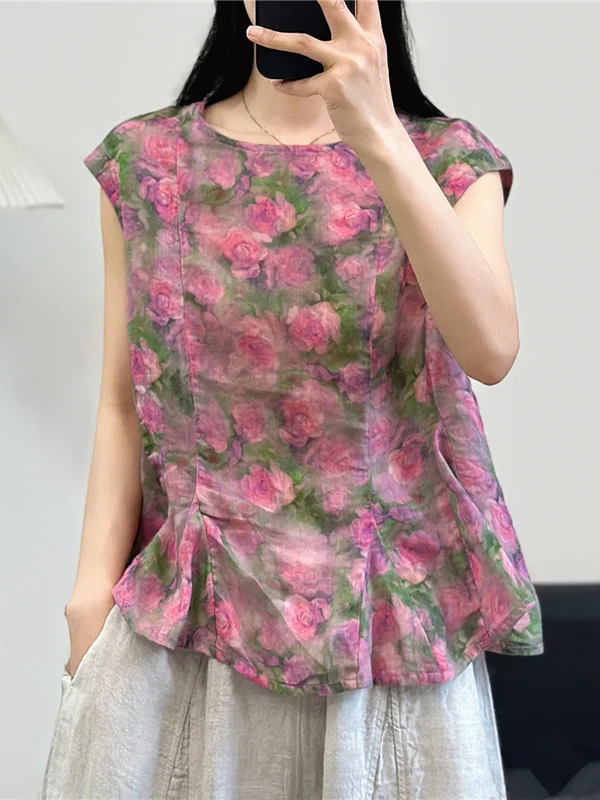 

Slimming Versatile Sleeveless Shirt Summer New Style Ageless Small Shirt Women's Cotton Casual round Neck Short Sleeve Shirt