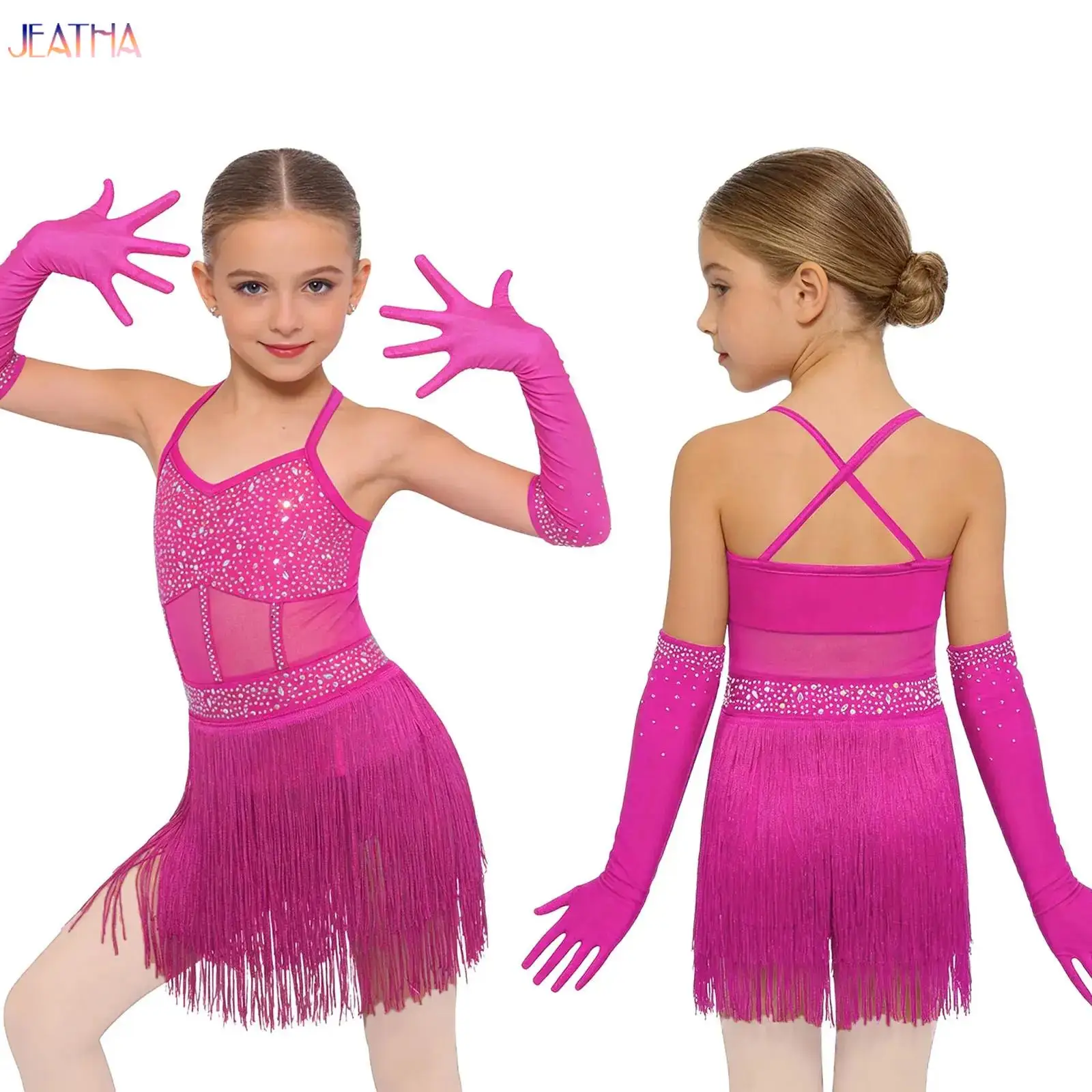 

Kids Girls Rhinestone Acrobatics Gymnastics Leotard Dress Latin Tango Dance Performance Costume Tassel Fringe Bodysuit Dress