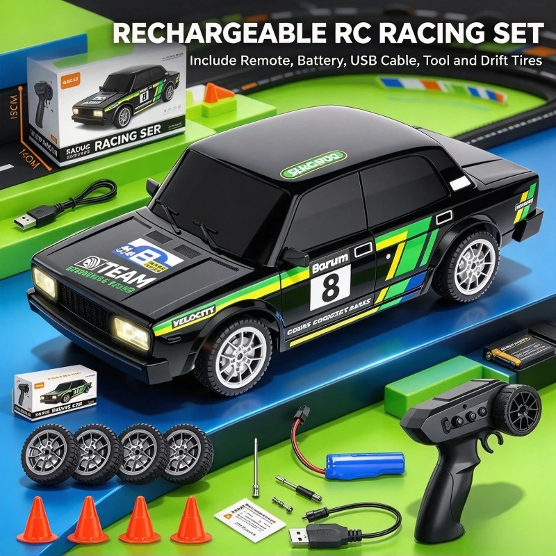 Rechargeable 4WD RC Racing Vehicle LED Lighting Drift Model High Speed Hobby Play Toy for Teens and Adult Players