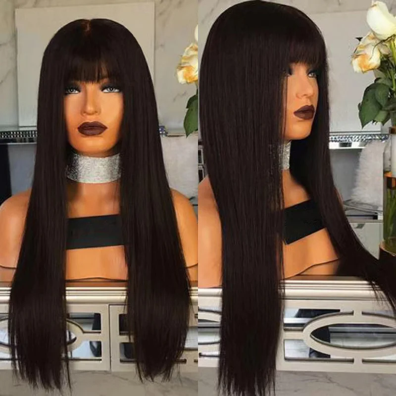 

New Front European and American Long Straight Hair Synthetic Wig Cap T-shaped Lace In Stock