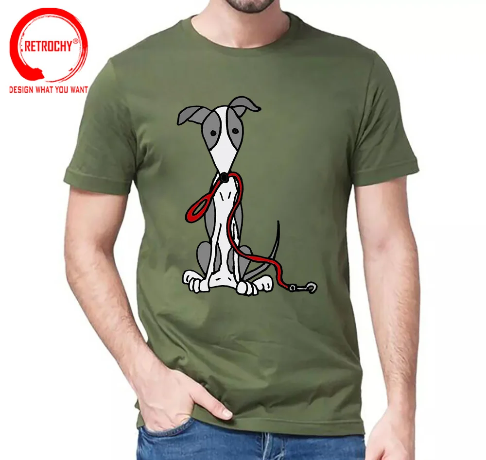 Funny Men's T Shirt Man Dark Grey T-shirt Cotton Clothes Cute Greyhound Dog With Red Leash Cartoon Tops Tees Summer Fall TShirt