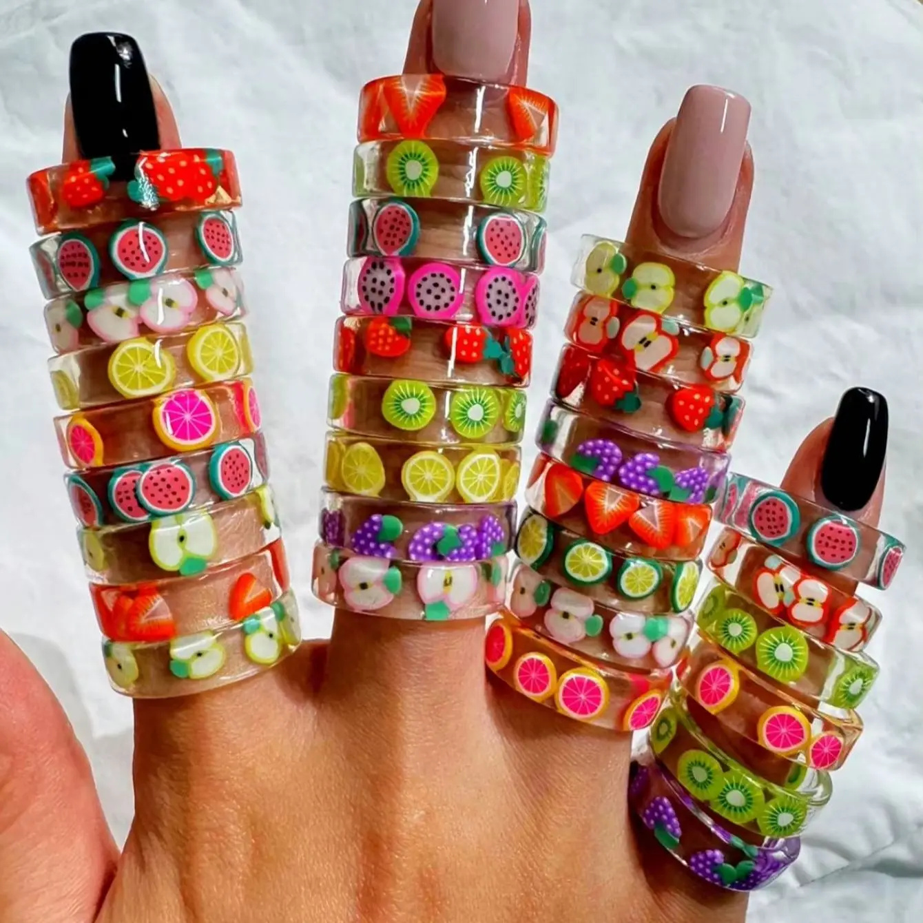 10/8/6pcs random irregular colorful fruit polymer clay resin ring set spring cute sweet women's jewelry set suitable for daily