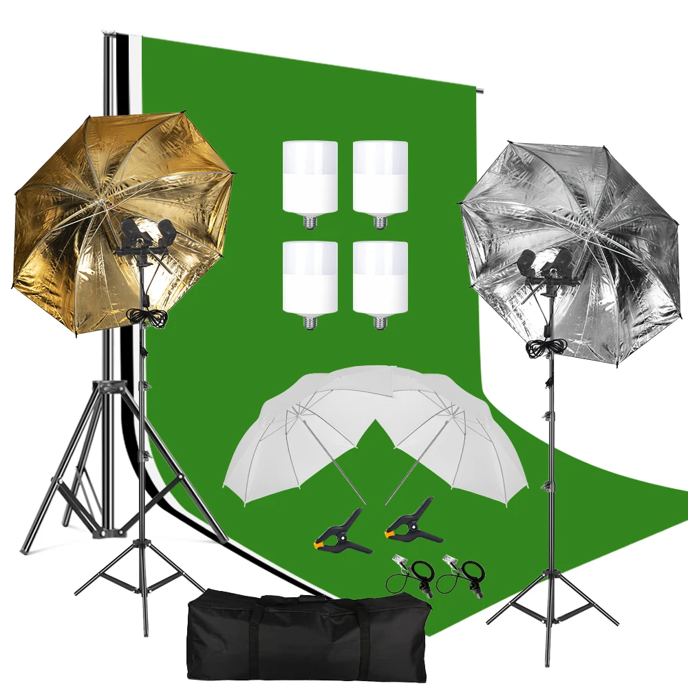 

SH Photo Studio Umbrella Background Backdrops Kit 33 ' 84 CM White Gold Black Soft Light with Bulbs Photo Lamp Holder Tripod