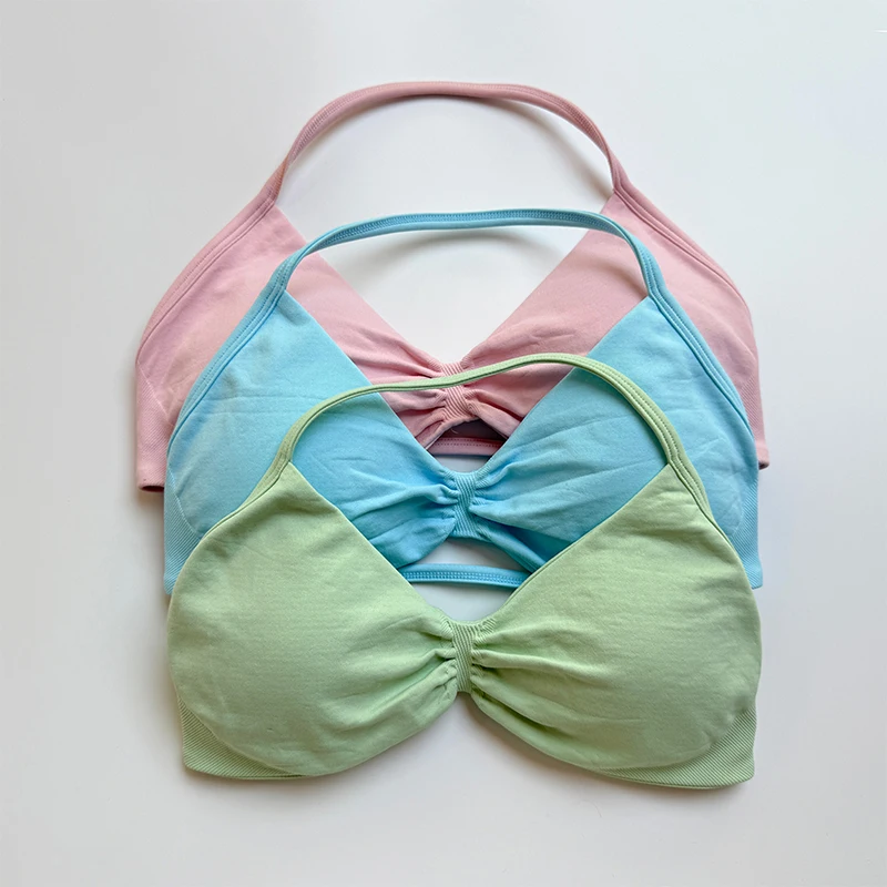 

Women High Support Seamless Sports Bra Strappy Thin Strap Halter Backless Yoga Tank Removable Cups for Gym Scrunch Workout Pilat