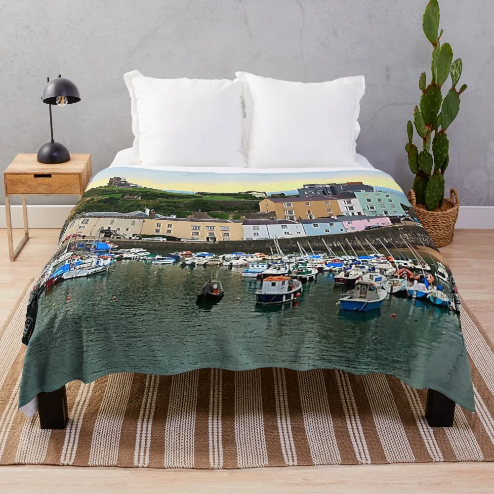 

Tenby Harbour Panorama Throw Blanket For Decorative Sofa decorative Softest Hairys Blankets