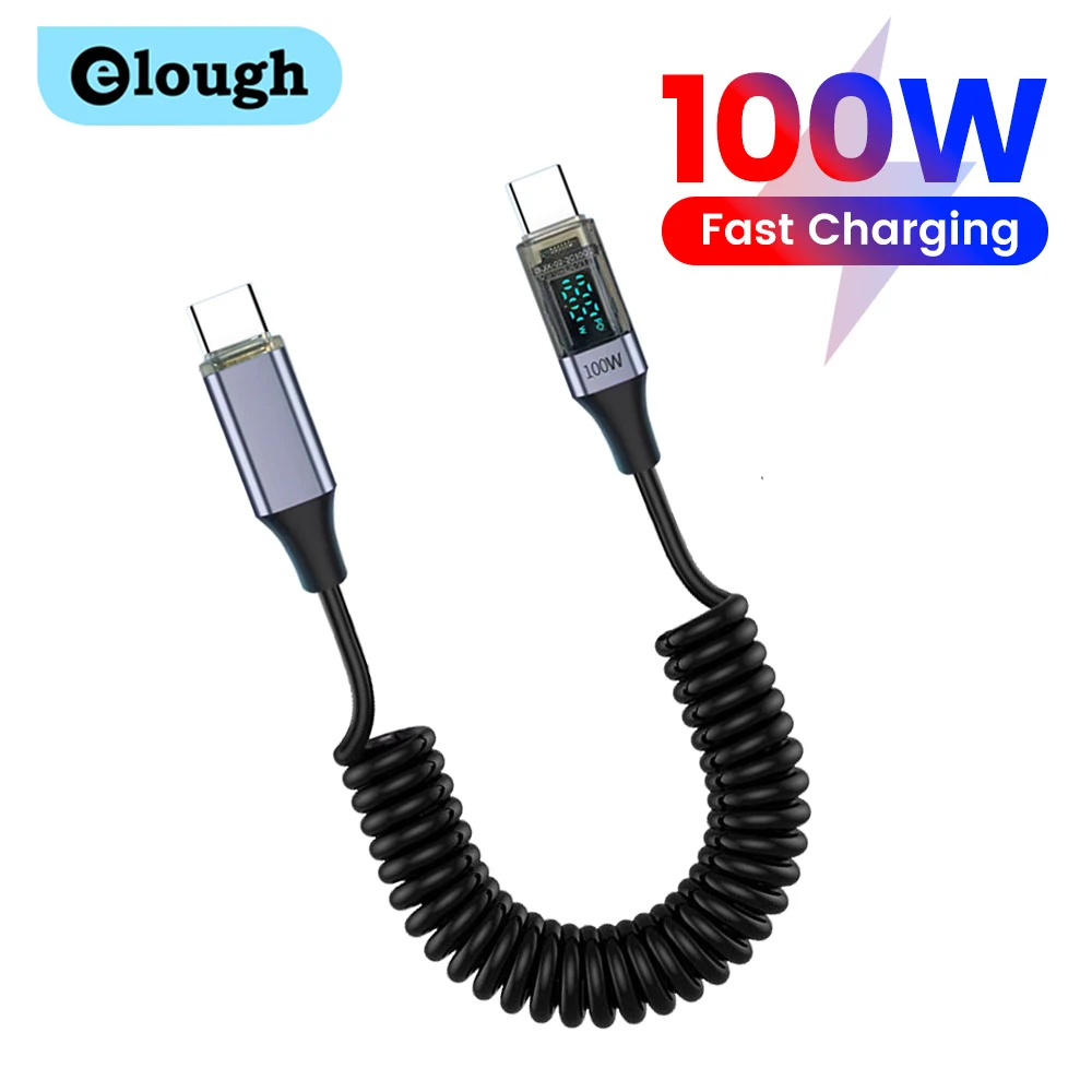 

100W Type C to Type C Cable Fast Charging 90° Elbow Car Spring Retractable USB C Cable for iPhone 15 Huawei Xiaomi Samsung