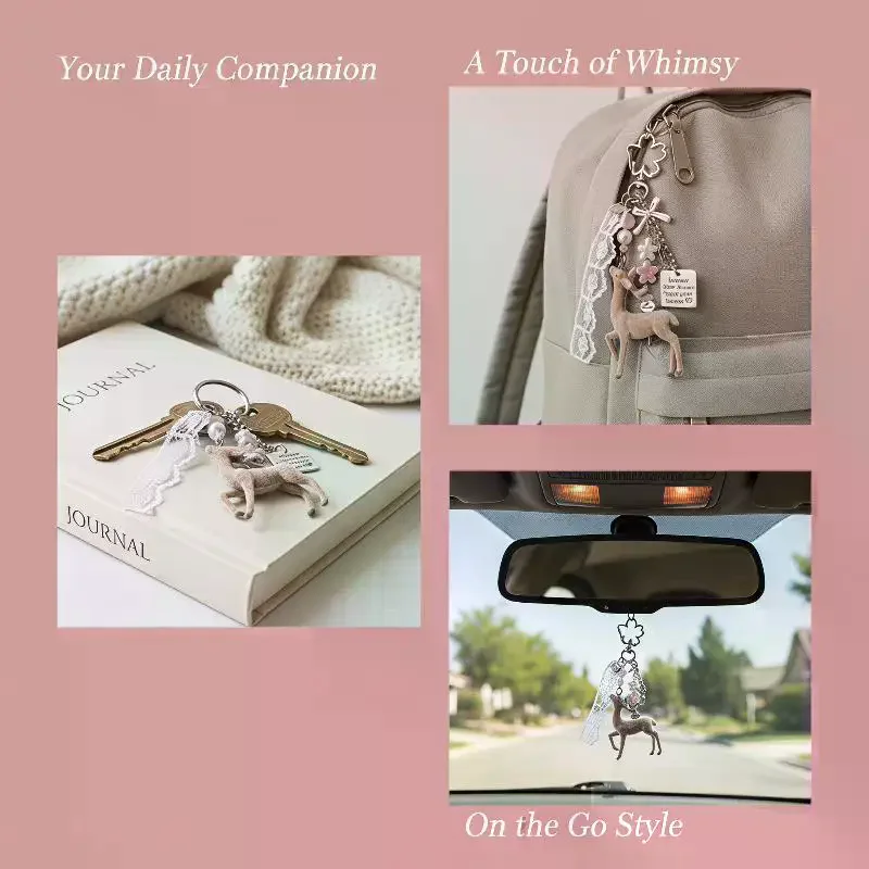 Cute Flocked Deer Keychain With Pearl Beads And Inspirational Tag Perfect For Backpack Purse Decoration And Gifting