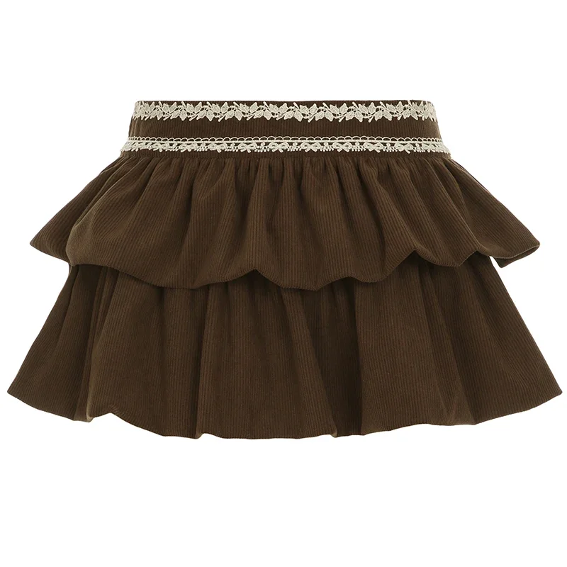 Contrast Color Lace Floral High Waist Corduroy Skirt Brown Tiered Ruffle Mini Skirt Vintage A-line Layered Short Skirts