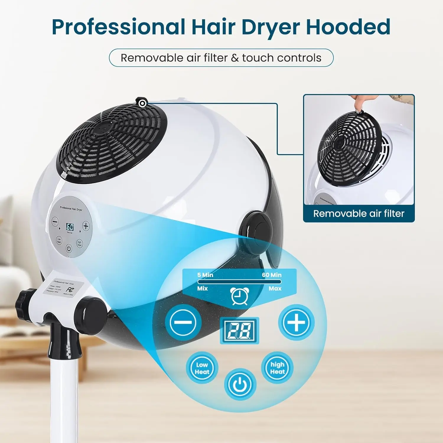 Professional Standing Hooded Hair Dryer Dyeing Perming Machine on Wheels Sit Under Heat Cool for Hair Salon Barbershop