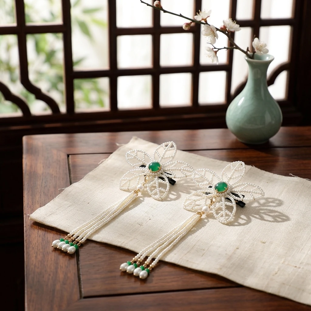 

New Chinese Style Green Faux Pearl Tassel Hair Clips 1 Piece Alloy Leaf Hairpins with Strong Grip for Women Girls Hanfu