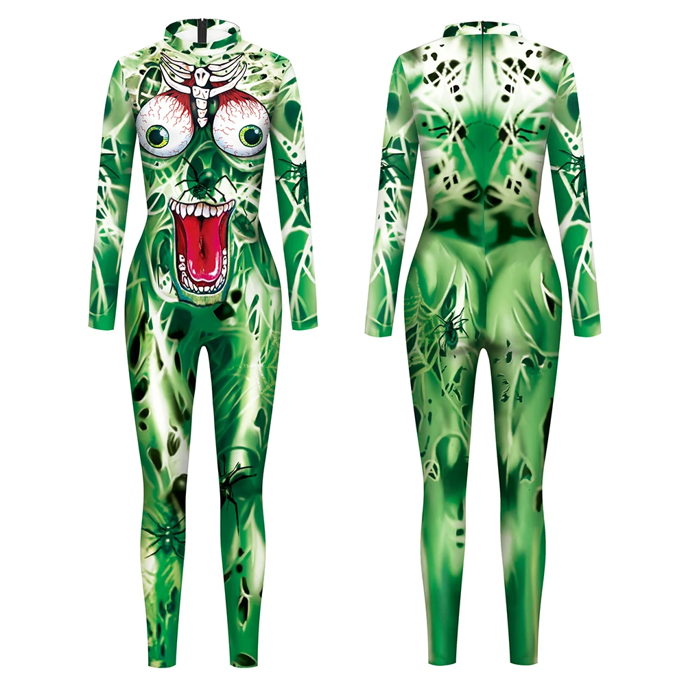 Scared Expression Pattern Jumpsuit 3D Printing Long Sleeved Bodysuit Halloween Cosplay Costume Carnival Catsuit Skinny Zentai