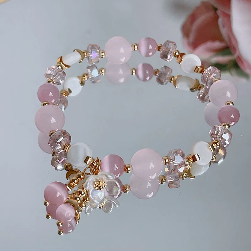 

Mori Style Little Fairy Flower Cat Eye Bracelet Female Shell Patch Tassel Chalcedony Beaded Bracelet Fresh Student Jewelry