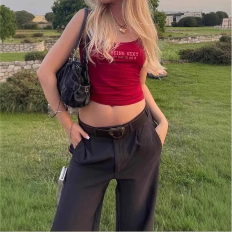 Primavera y novedad de verano camisola sexy con temperamento de chica picante, top corto de moda con estampado de letras   ﻿