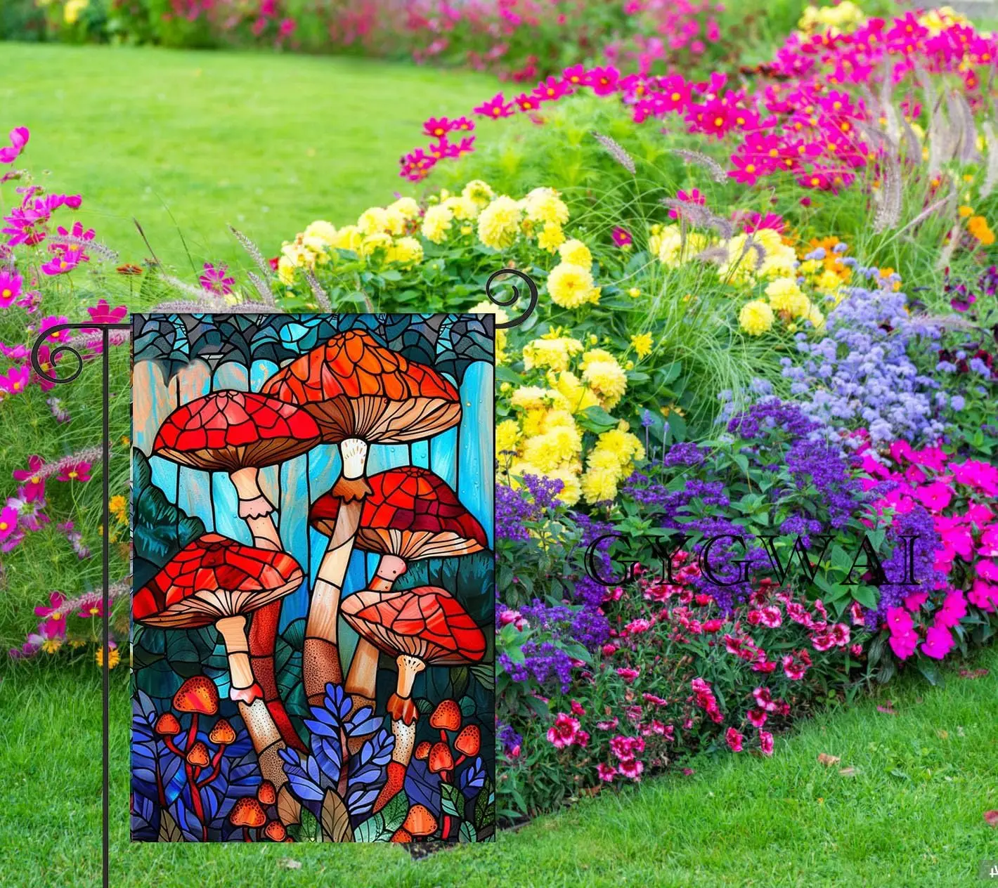 Stained Glass Mushroom Spring Garden Flag 12x18 Inch Double Sided, Small Burlap Yard Flag for Seasonal Farmhouse Outside Out AAS