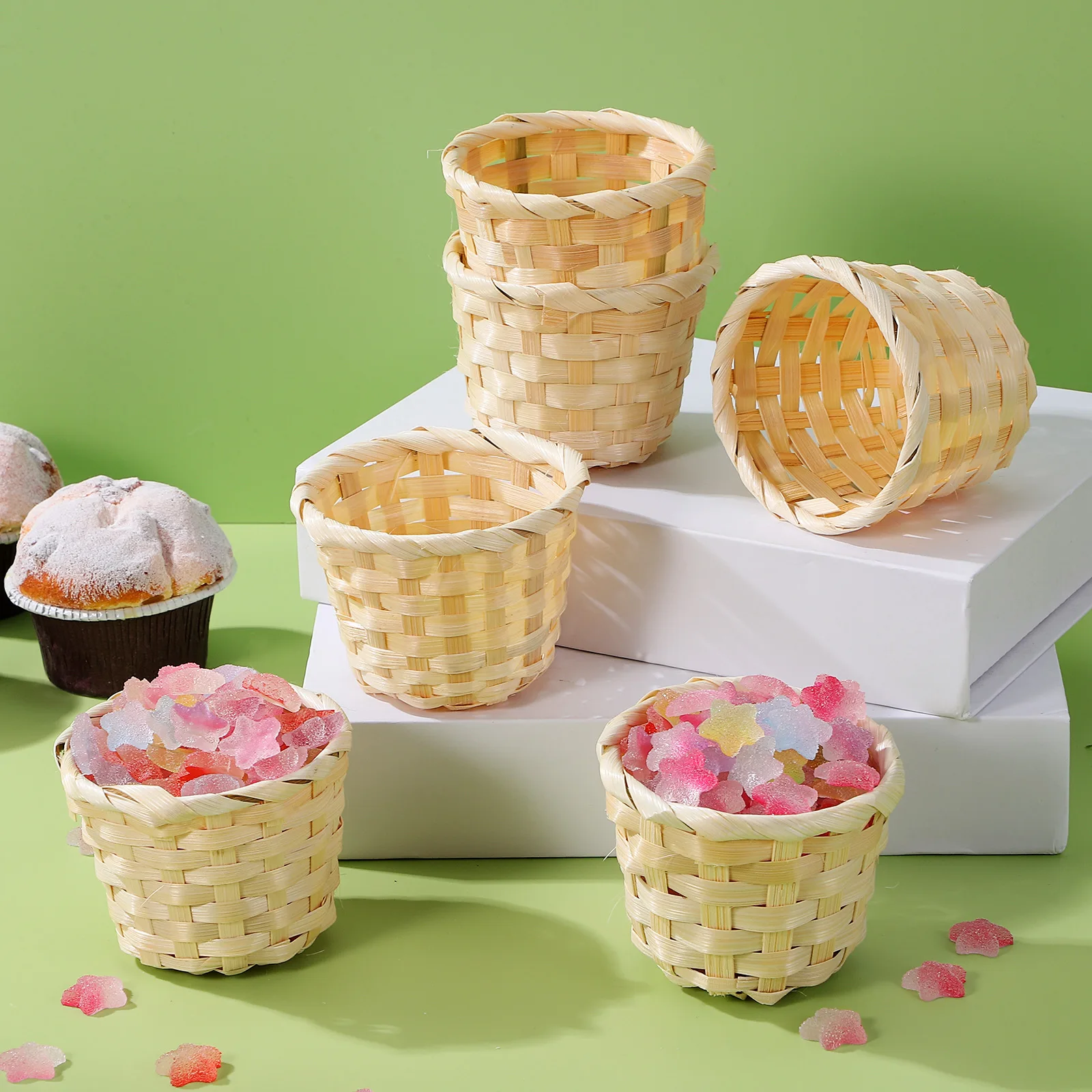 

6pcs Mini Storage Baskets Desktop Organizer Bamboo Wood Woven Handmade Home Dried Flowers Snacks Storage Solution