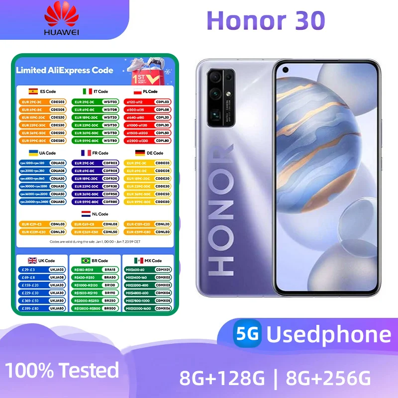 Honor 30 5g SmartPhone Camera 40MP Kirin 985 5G 6.57-inches OLED  4000mah 40W Super Charge  NFC Original Used Phone