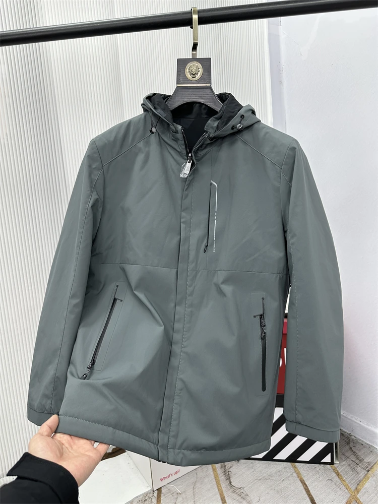

Thiened Woolen Fill Hooded Jaet Men's Faion Casual Autumn Winter Warm Outdoor Coat Stand Fit Long Sve Zipper Closure