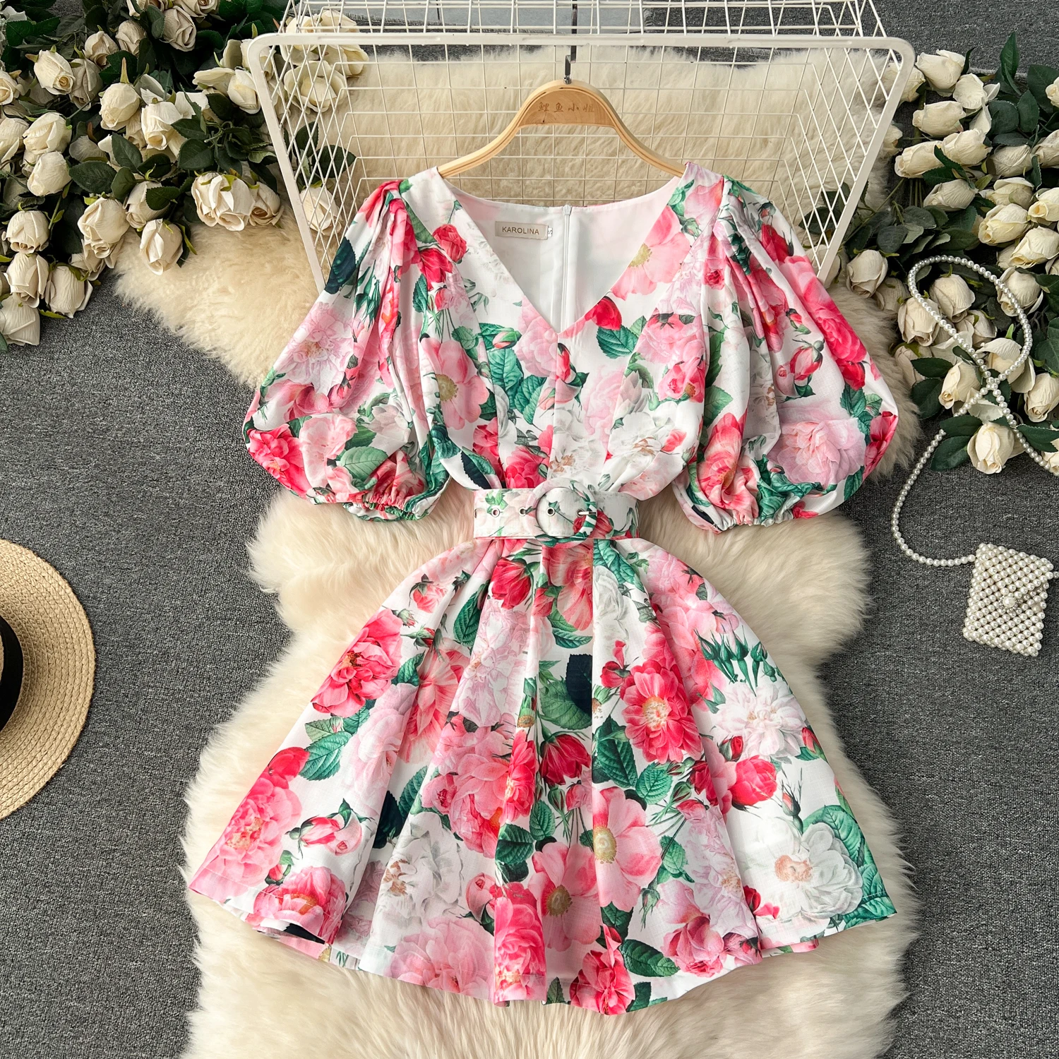 

ALPHALMODA 2024 New V-neck Lantern Sleeve Floral Printed Women Retro Style Short-sleeved Dress High Waist Cute Dress