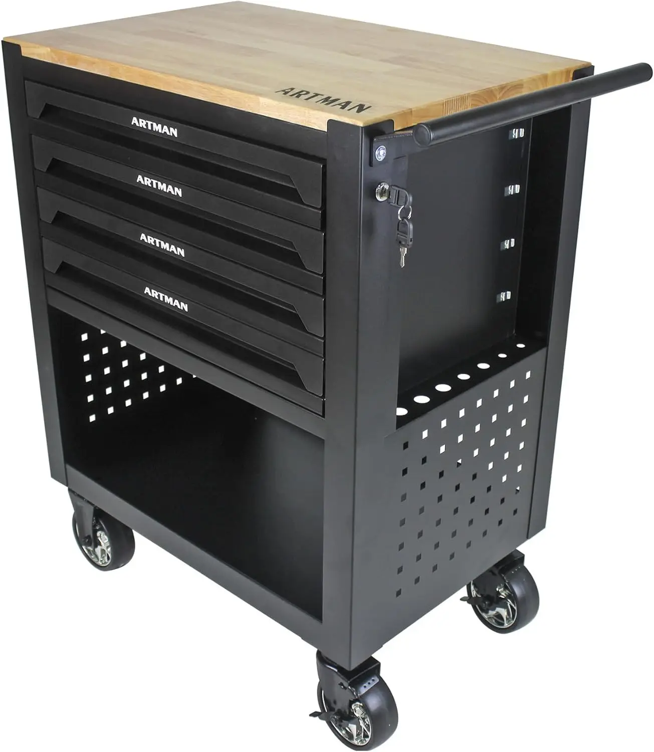 Armadietto degli attrezzi, cassapanca degli attrezzi con ruote a 4 cassetti, carrello multifunzionale con organizer per banco da lavoro con piano in legno