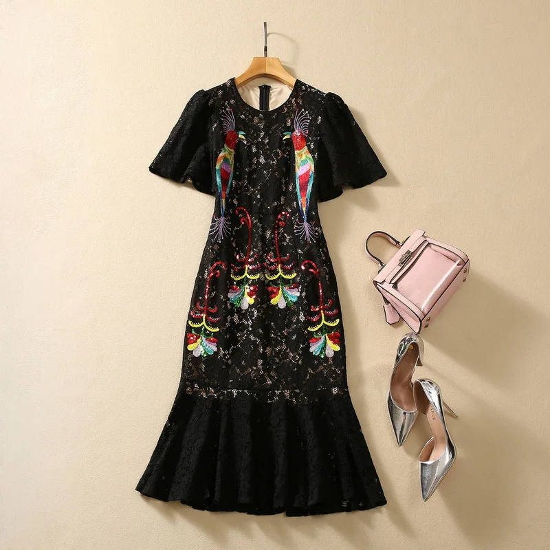 

European and American women's clothing 2023 autumn new Sequined parrot splicing lace Short sleeve Fashion Fishtail Dress XXL