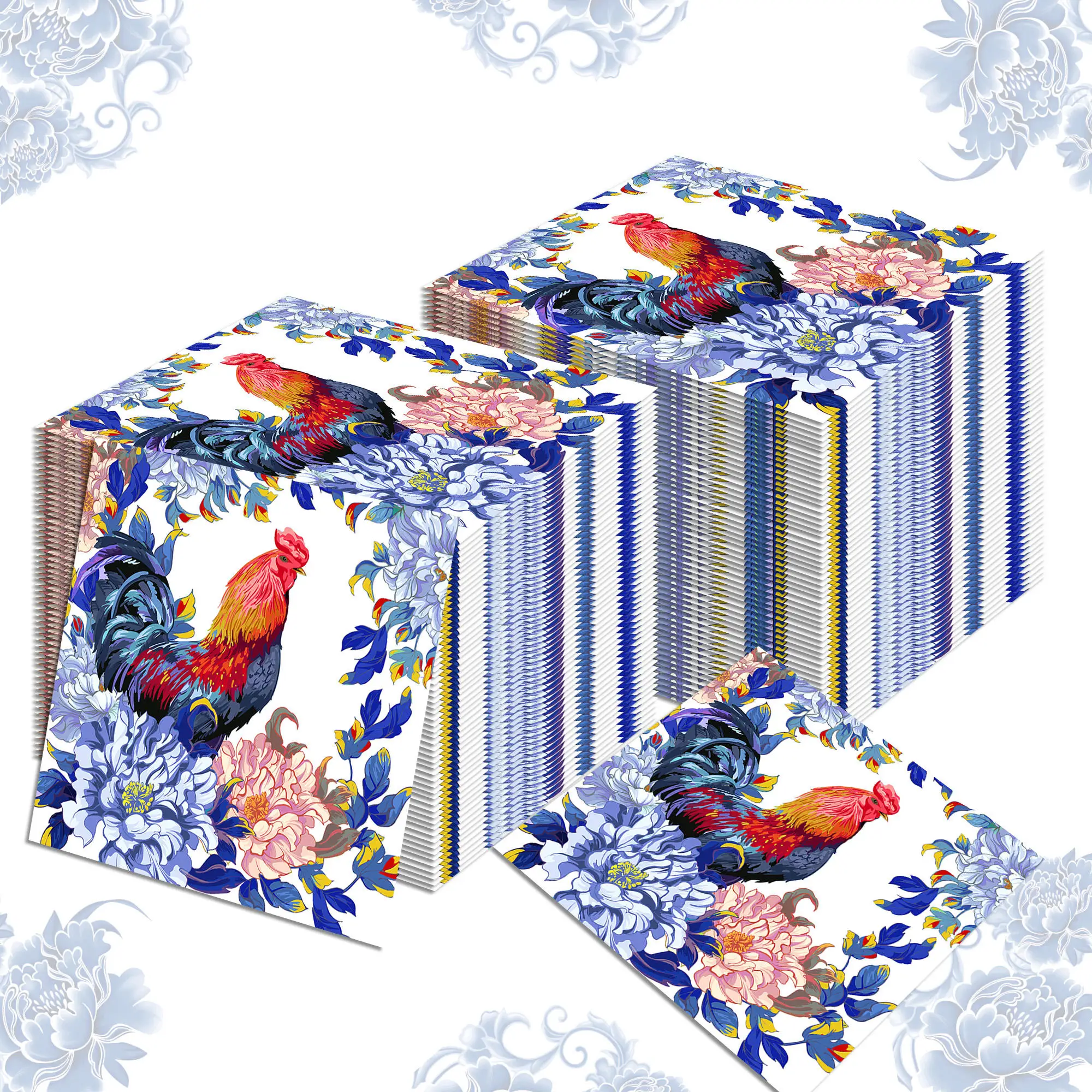 20-Pack 2-Ply Flower Rooster Pattern Square Paper Napkins, Disposable Party Napkins for Birthday, Bathroom Hand Towels