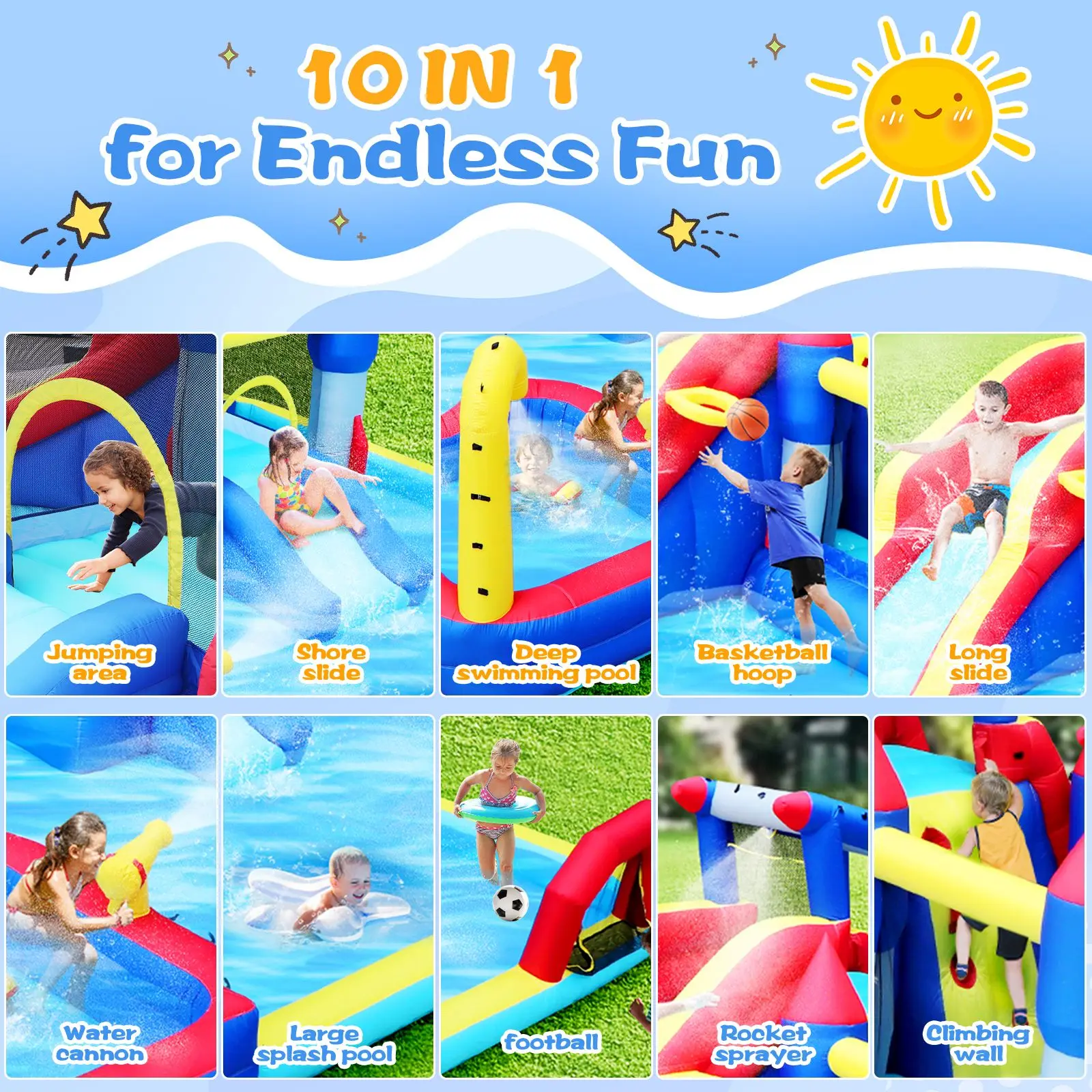 Parc aquatique toboggan gonflable 10 en 1, maison gonflable, jardin avec piscine anti-éclaboussures, odorà eau, basket-ball, mur d'escalade, doubles piscines