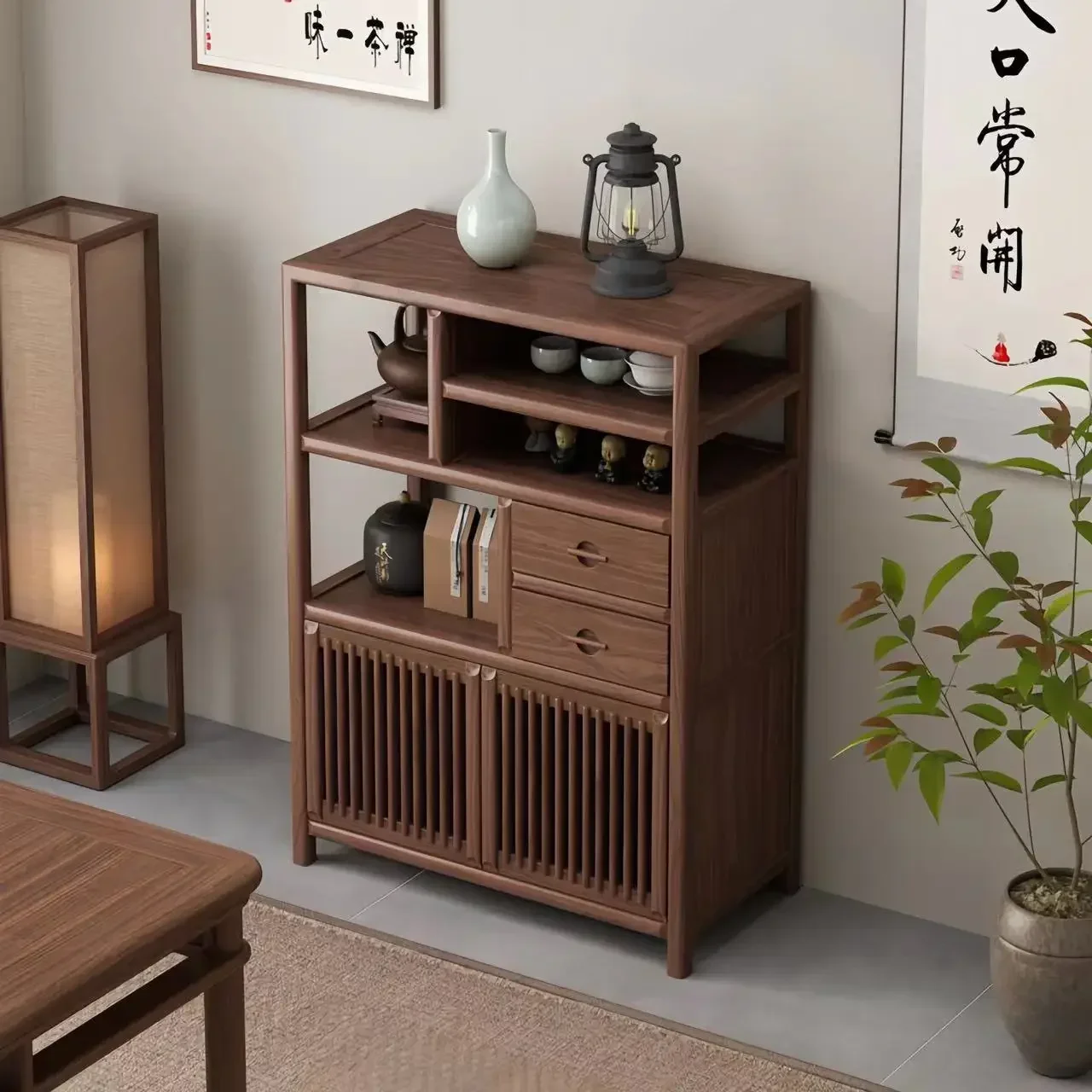 New solid wood black walnut side cabinet Duobao storage display  bookshelf