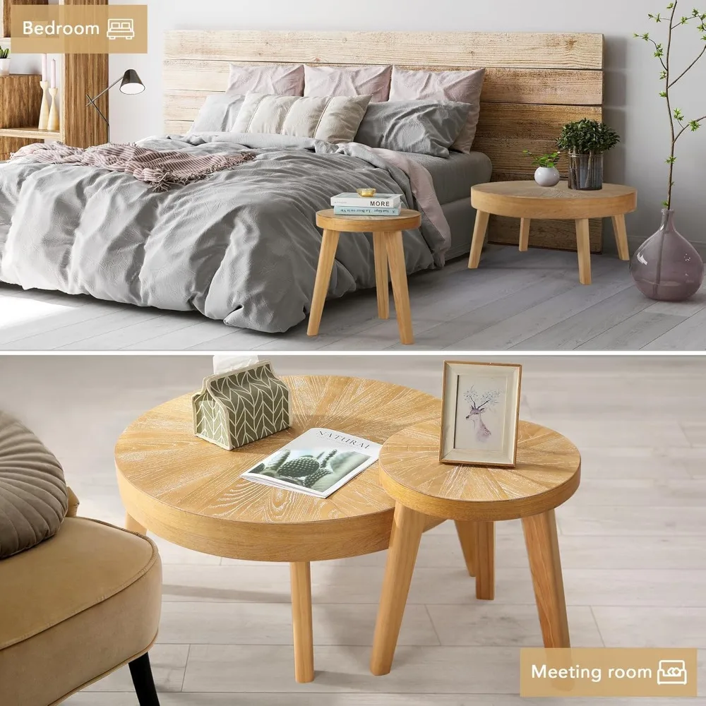 طقم طاولة قهوة مستديرة مكون من 3 قطع على طراز المزرعة مع طاولات جانبية للأريكة البوهيمية ولمسة نهائية من الخشب الطبيعي لمساحات المعيشة والسرير #6