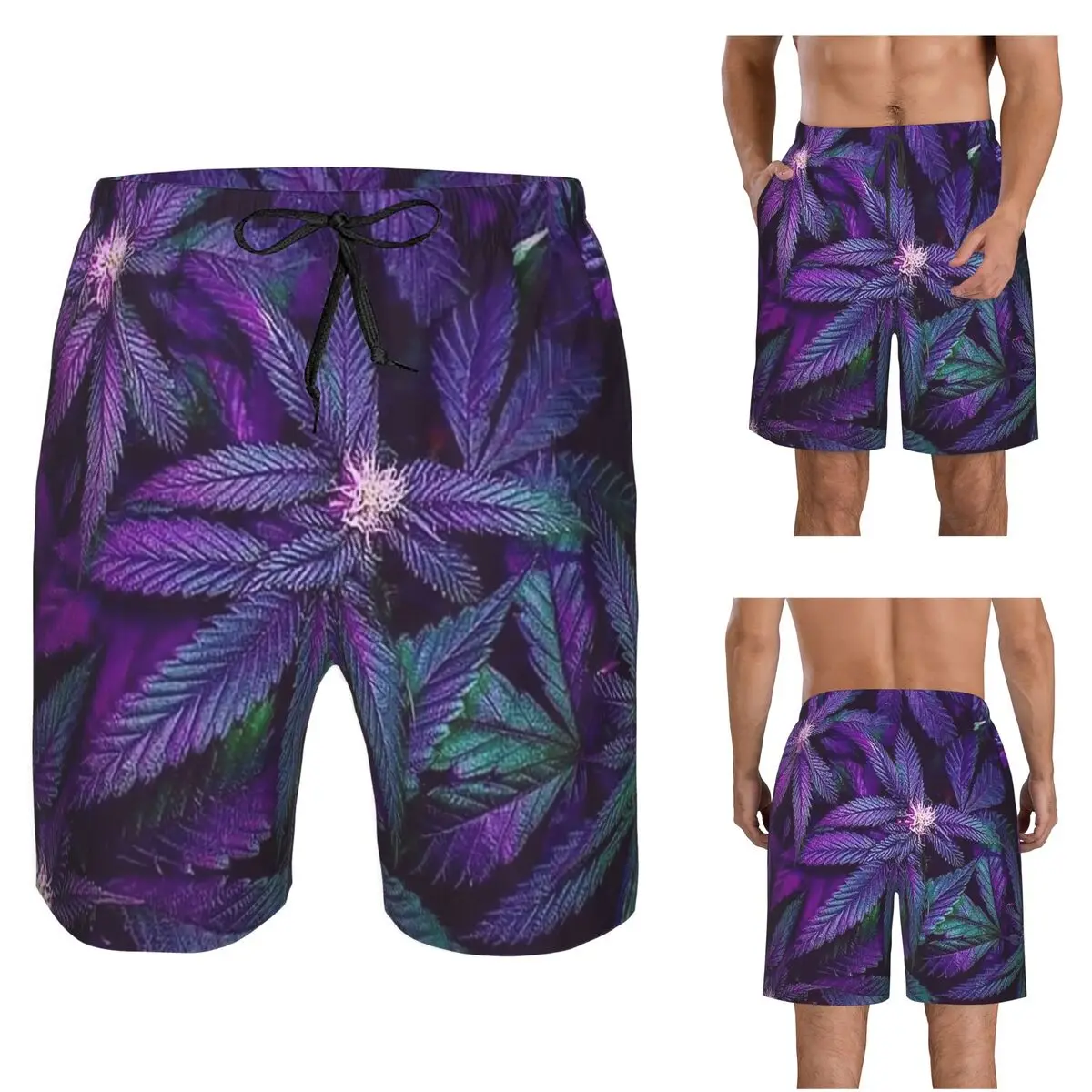 Psychedelic Purple Cannabis Marijuana Weed Pot Leaves Trunks Beach Board Shorts Casual Quick Dry Swim Summer Men Pants