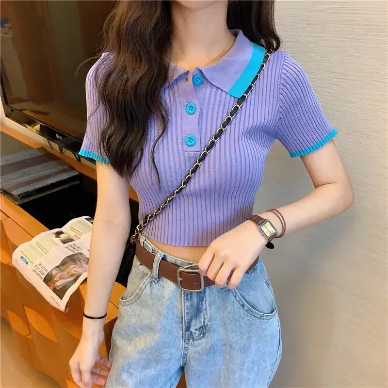 

Женские рубашки поло, сексуальный укороченный топ на пуговицах, женская футболка, трикотажные тонкие футболки с воротником, корейская одежда, пуловеры, трендовые летние JJ203