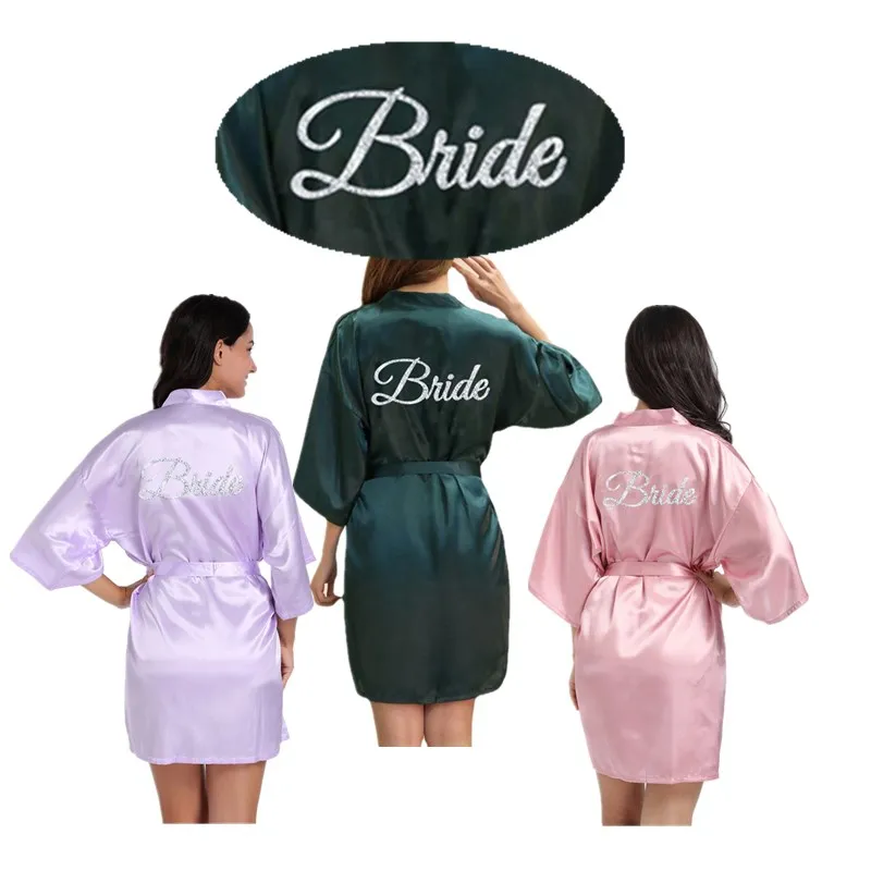 Wholesale Bride Silver Glitter Women Satin Kimono Robes For Wedding Party Short  Bath Sleepwear Bathrobes T140